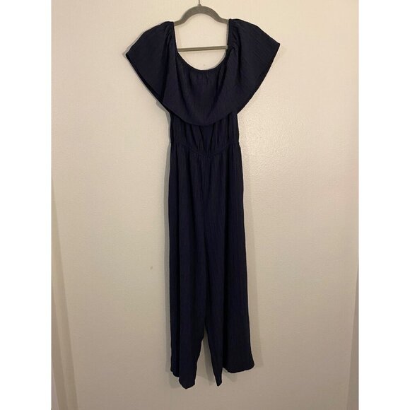 MittoShop Womens Off-Shoulder Jumpsuit L Navy Blue wide Leg Polyester Rayon - Picture 1 of 16